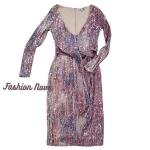 FASHION NOVA sequence long sleeve dress tie waist detail party event like new